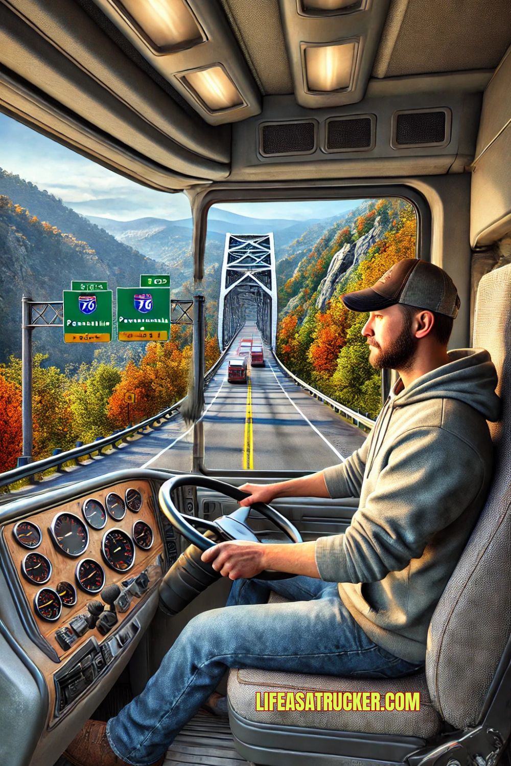 One hand on the wheel, the other on the grade brake—this is trucking where the road curves sharp and the freight runs strong. 