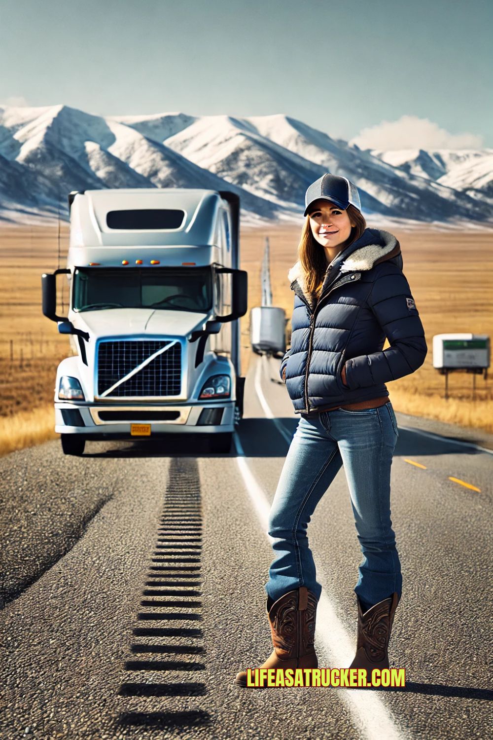 Portrait of a female trucker in Wyoming standing proudly before her rig in the wind and cold—symbolizing strength, resilience, and the grit of women driving the western freight lanes.”