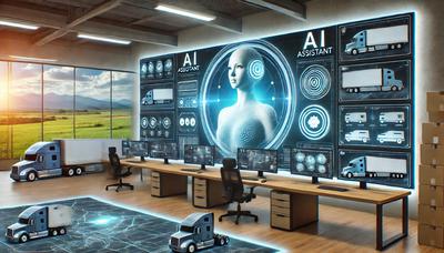 Inside a futuristic freight office: glowing dashboards, AI on the screens, and one very nervous employee realizing Augie doesn’t need coffee breaks