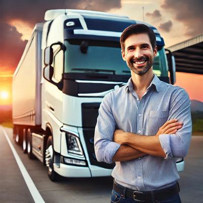 A confident truck driver stands proudly next to a modern semi-truck at a scenic truck stop during sunset, representing professionalism and success in the trucking industry