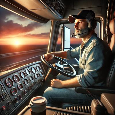 A realistic scene of a long-haul trucker contemplating life on the road from the driver’s seat.