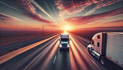 A wide-angle view of a truck driving into the sunset, symbolizing the journey and adventure of trucking.