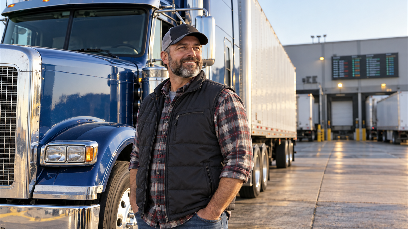 AI-generated editorial illustration of a professional truck driver checking a dispatch board beside a clean tractor trailer at a U.S. terminal.