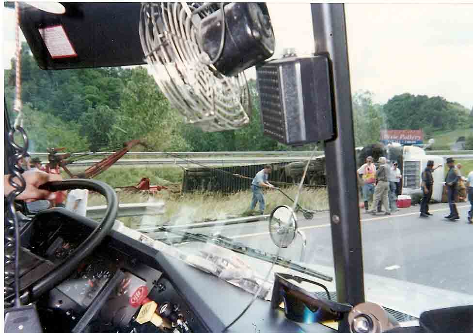 international flipped over in the middle of the highway