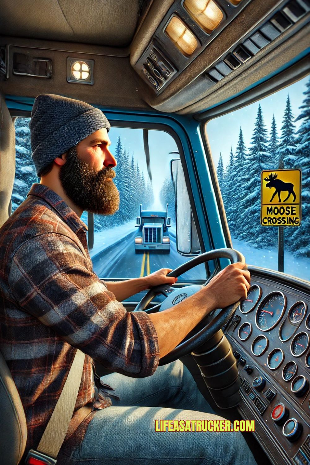 "Focused and fearless, this Maine trucker tackles the icy roads with skill and experience, navigating through the heart of winter.