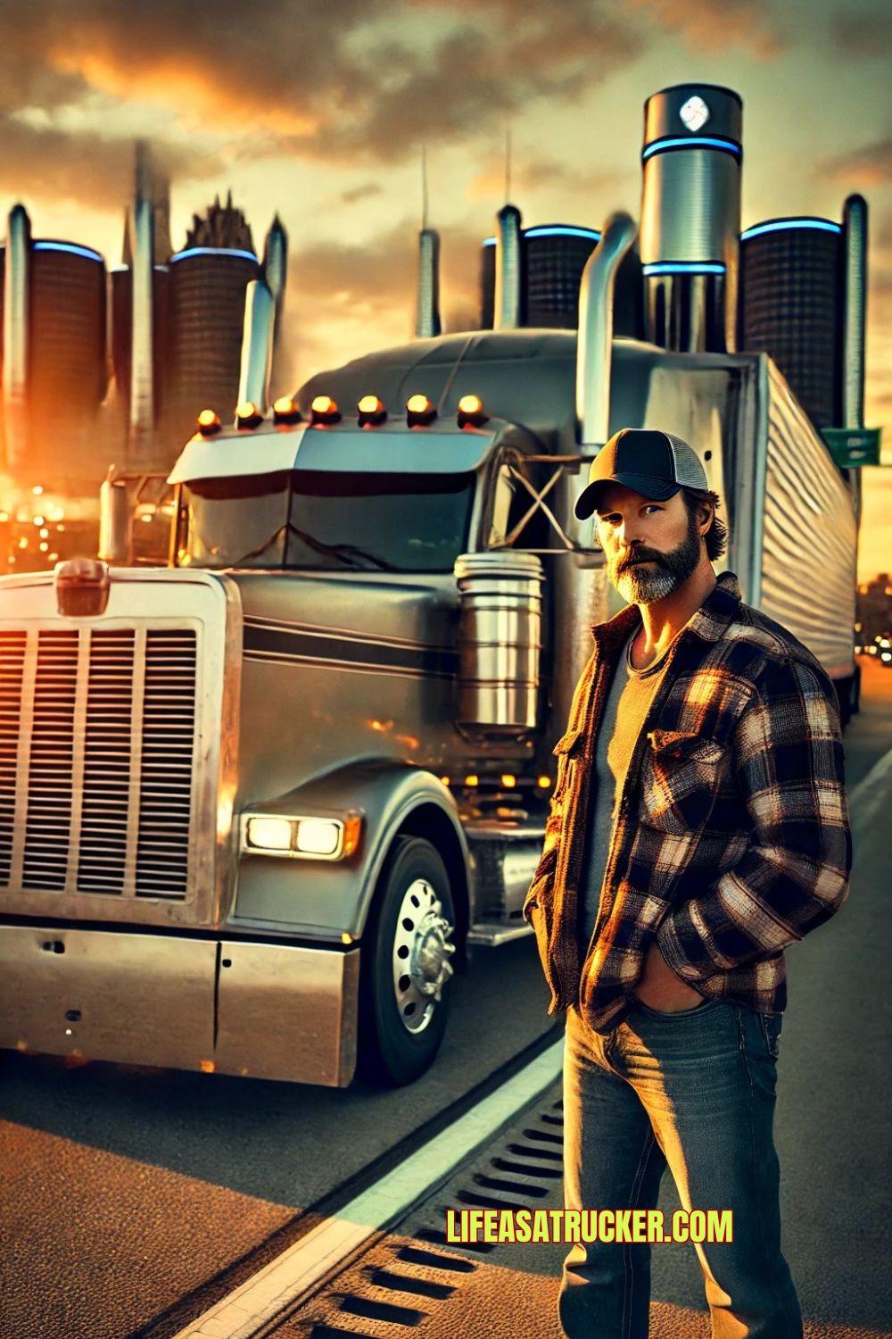 Standing tall with his rig, this Michigan trucker is ready for another long haul across the Great Lakes State