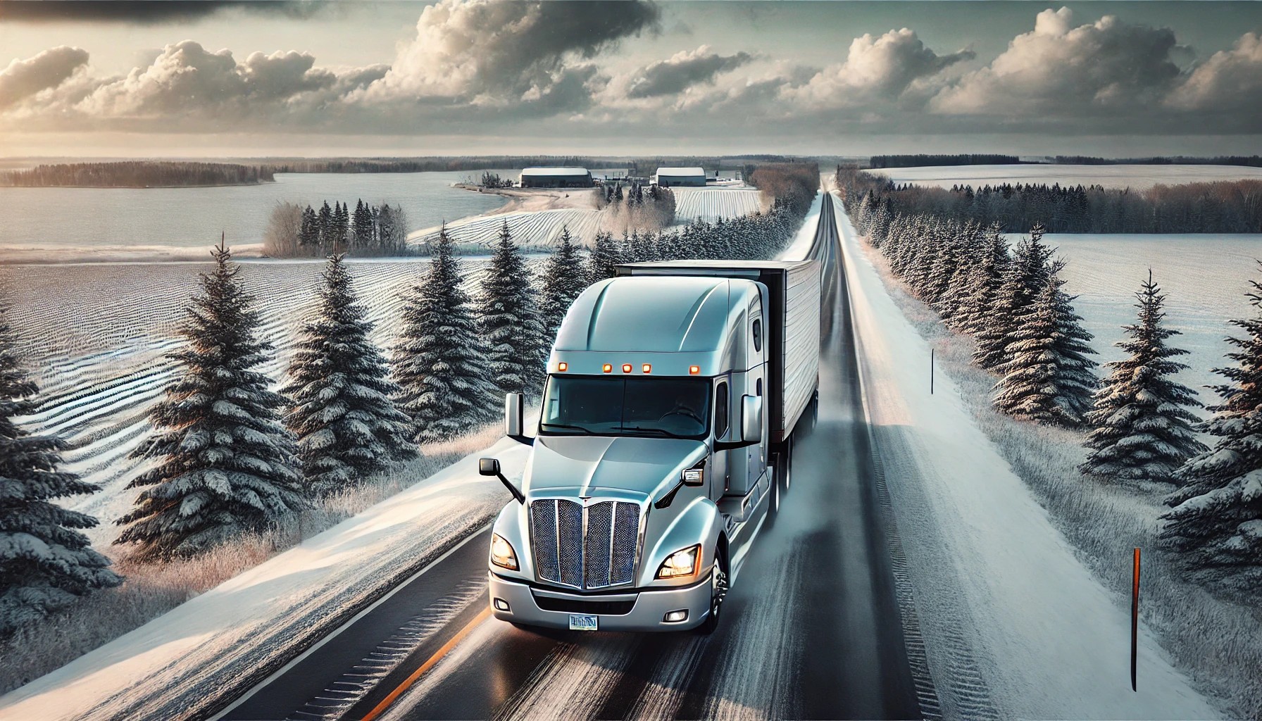 A powerful semi-truck pushes through a snowy Minnesota highway, surrounded by frozen lakes and towering pine trees
