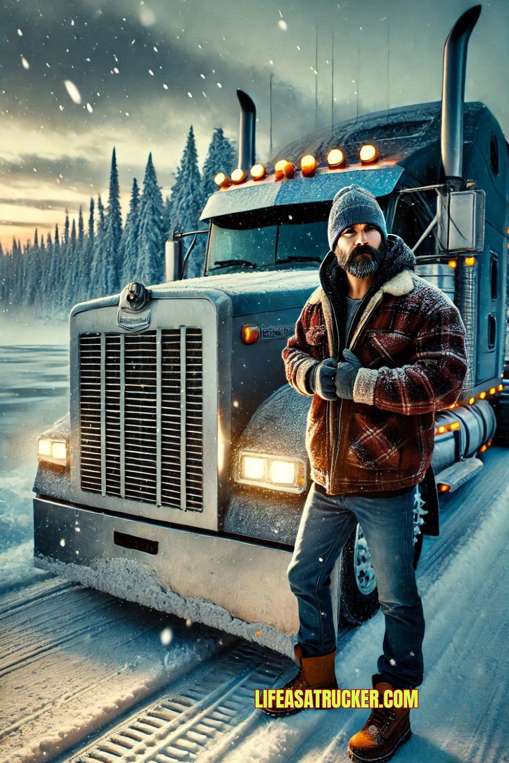 Standing strong against the winter chill, this Minnesota trucker is ready to conquer the road ahead. 