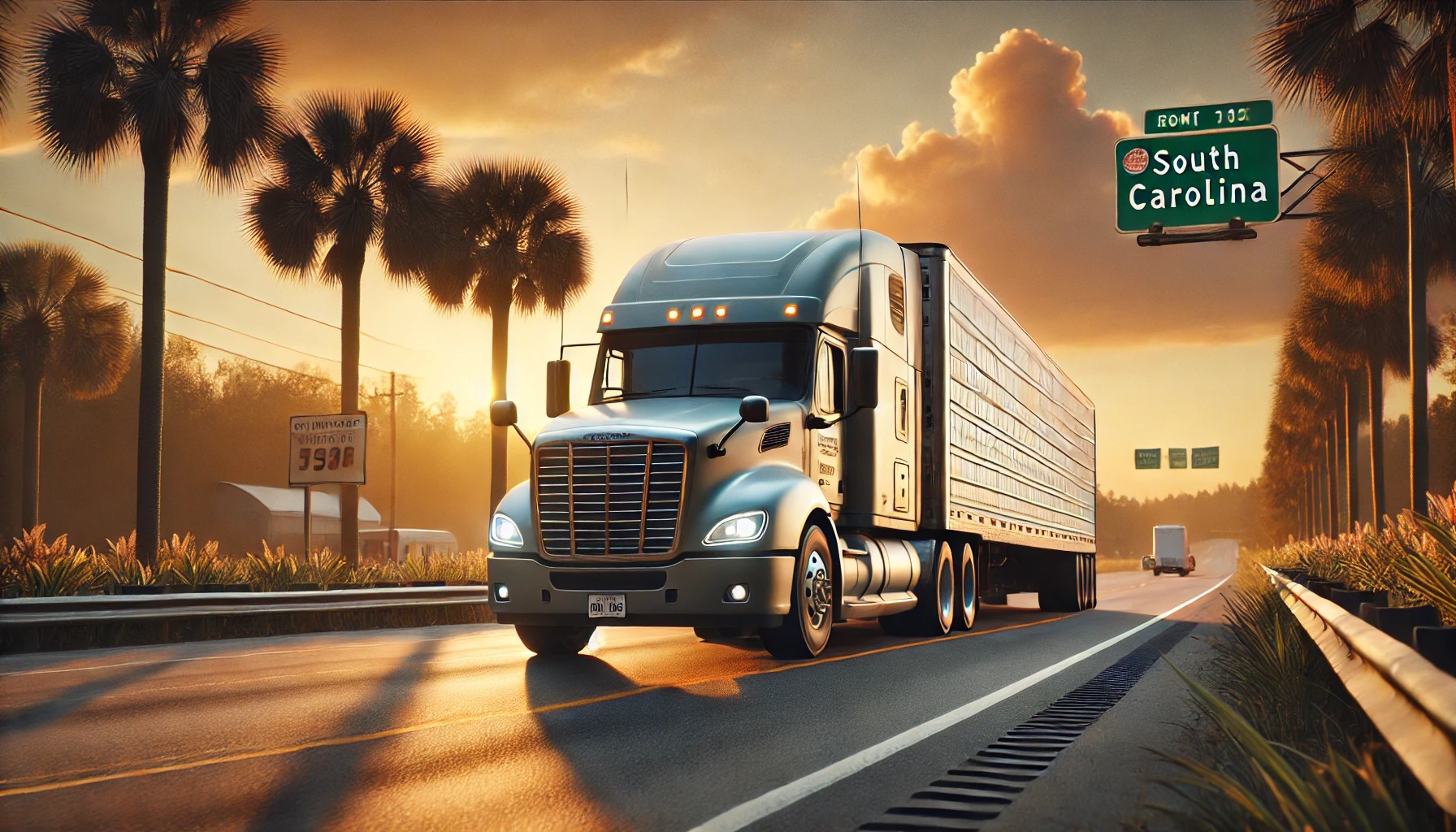 Real-life Southern trucker leaning on his semi-truck at sunset on a rural South Carolina highway