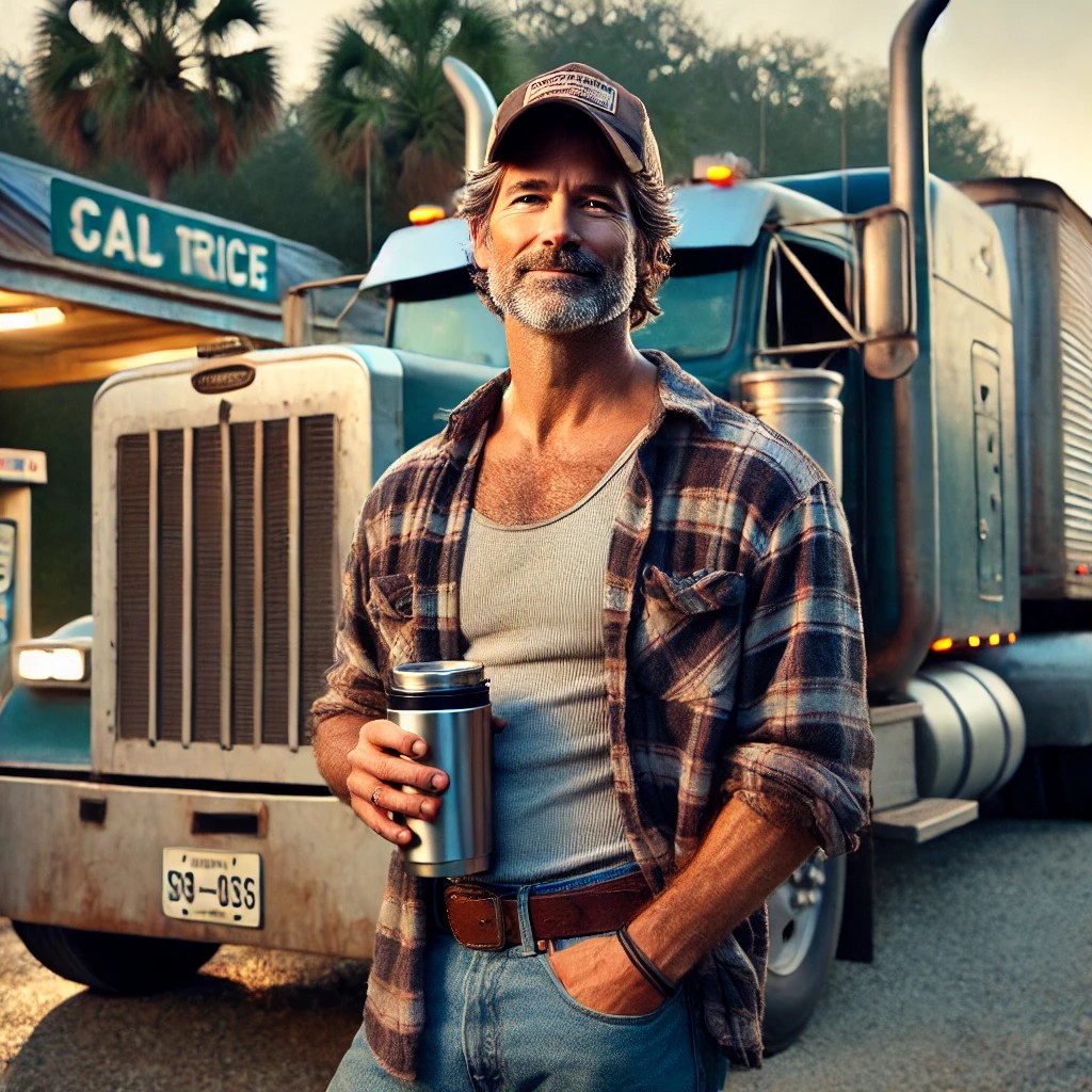 Authentic South Carolina trucker portrait standing by his rig near a quiet rural road