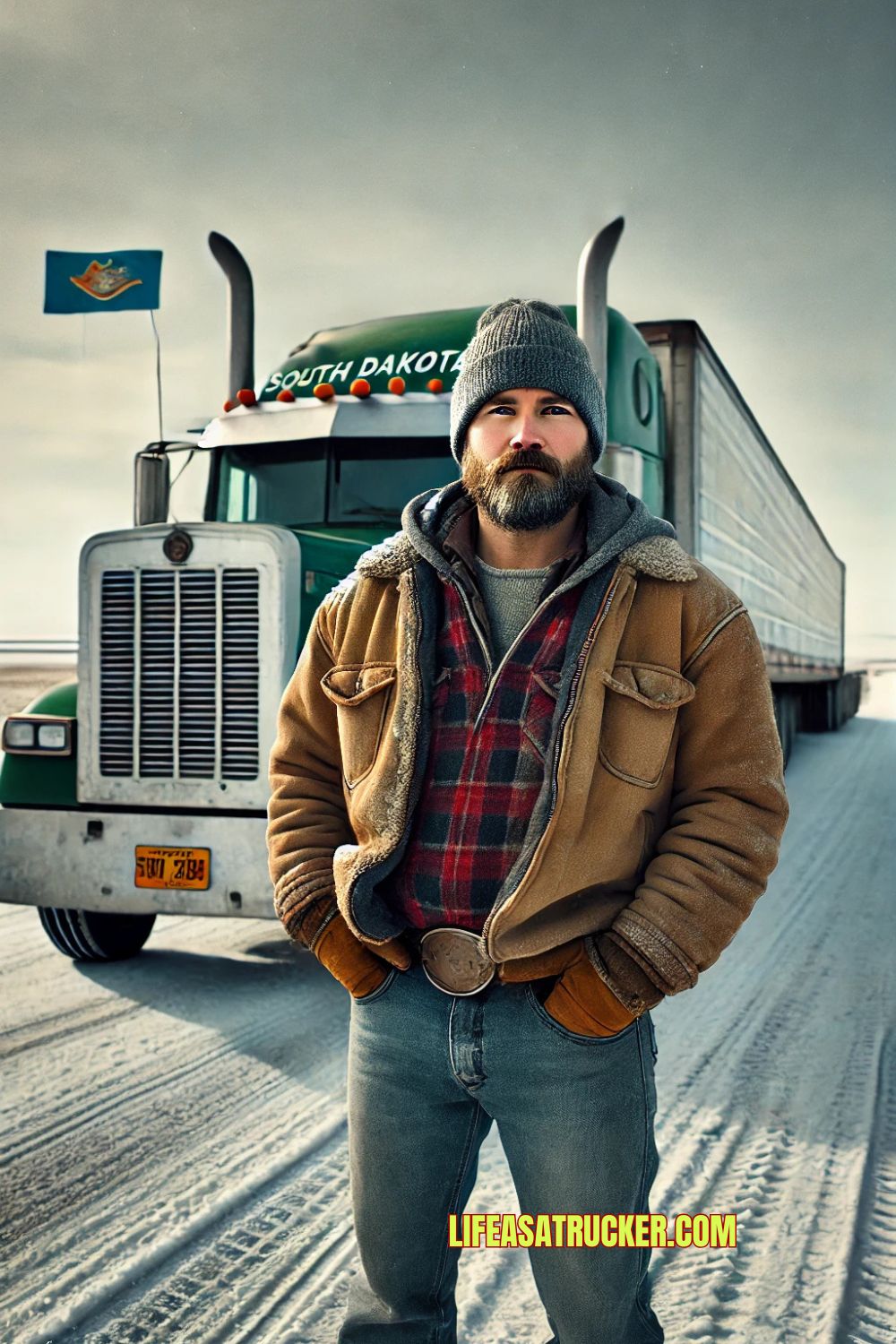 Vertical portrait of a rugged South Dakota trucker in winter gear, standing in front of a frosty trailer on a quiet prairie road