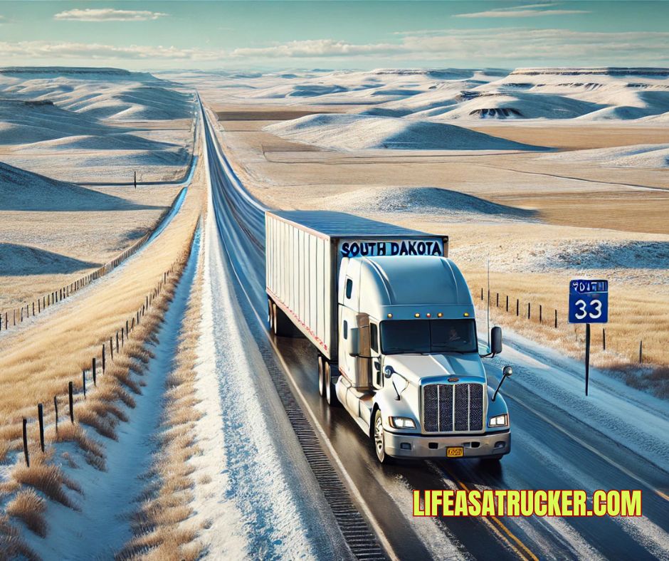 Full semi-truck hauling freight across a snowy South Dakota highway, surrounded by open fields and blue skies
