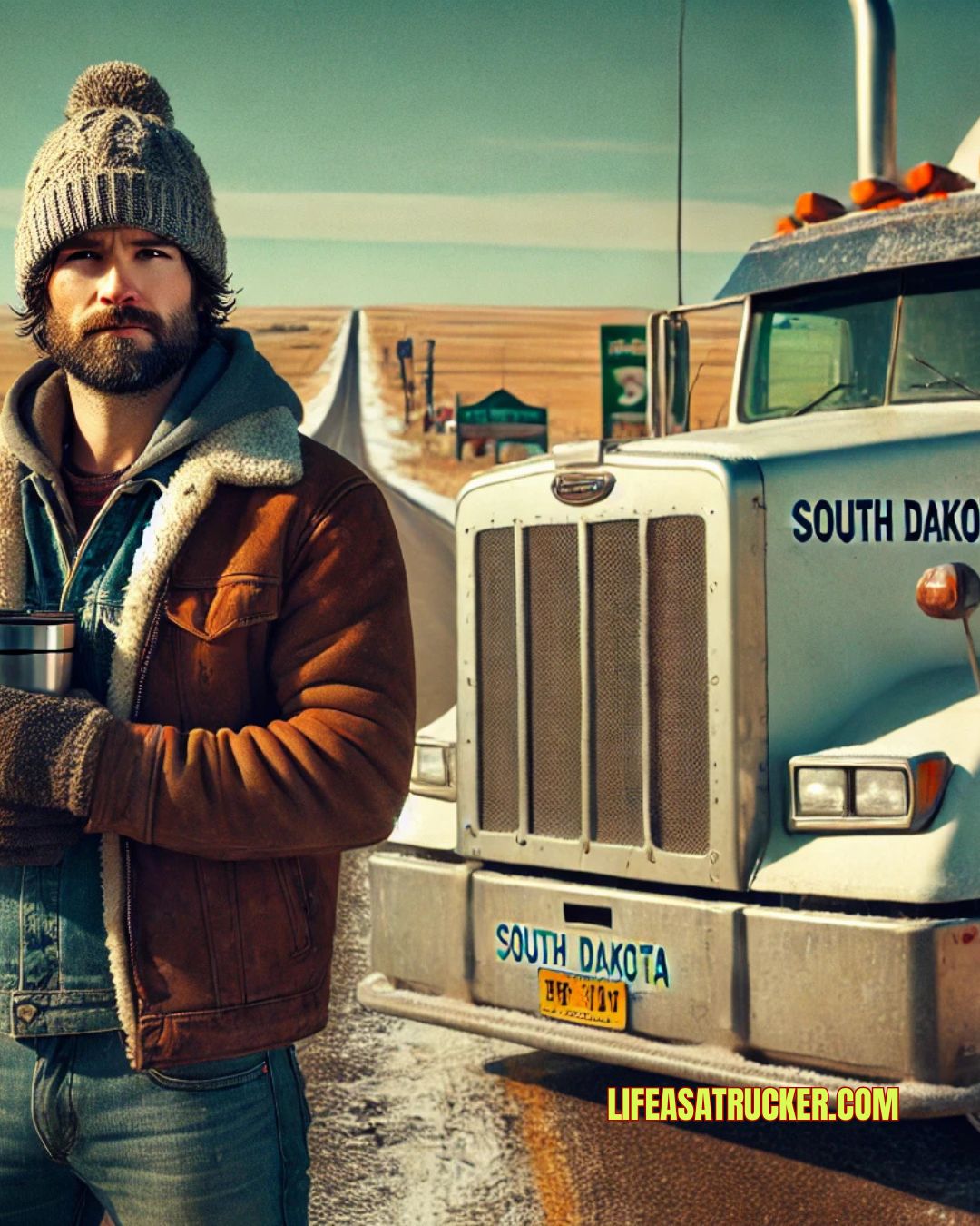 South Dakota trucker in cold-weather gear standing beside a snow-dusted semi-truck near a rural prairie road
