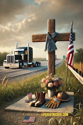 A cross made from chocks. A hat weathered by miles. A silent roadside reminder that truckers never disappear—they roll on in memory