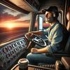 A realistic scene of a long-haul trucker contemplating life on the road from the driver’s seat.