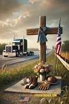 A cross made from chocks. A hat weathered by miles. A silent roadside reminder that truckers never disappear—they roll on in memory