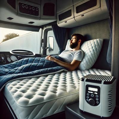 A tired trucker finally getting quality rest with a comfy mattress and blackout curtains. No more sleepless nights!