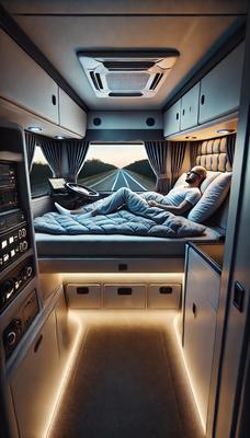 Cozy truck cab setup: soft lighting, comfy bed, and a relaxed driver winding down for a good night’s rest