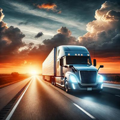 A modern semi-truck cruises down an open highway under a dramatic sunset, showcasing the power and endurance of the trucking industry.
