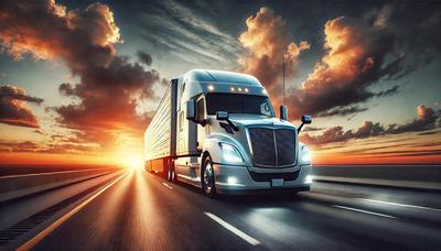 A wide-angle view of a semi-truck on the open road at sunset, representing the resilience and determination of truckers navigating industry changes