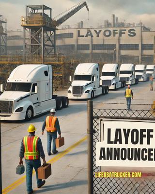  complete with a manufacturing plant backdrop, “Layoffs Announced” signage, and workers walking out in a somber mood.