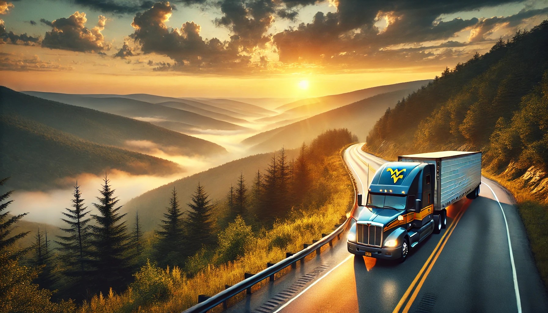 Cinematic shot of a semi-truck winding through West Virginia mountain roads at sunrise – a tribute to the scenic but challenging routes local truckers master