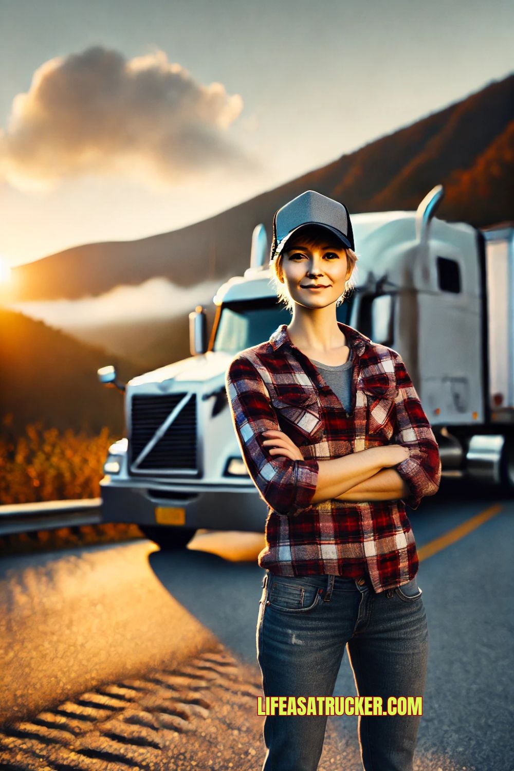 Portrait of a female trucker from West Virginia in front of her rig, framed by golden-hour light and Appalachian mountains – showcasing pride, grit, and rural elegance