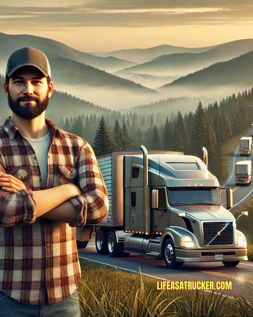 West Virginia trucker standing proudly by semi-truck in misty Appalachian landscape – representing rural strength and road-tested skill.”