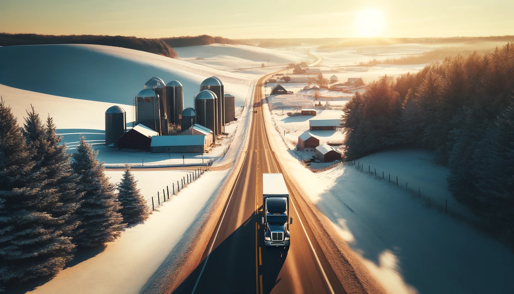 Cinematic winter highway scene in rural Wisconsin, with a semi-truck rolling through dairy country—highlighting the scenic routes and cold-weather challenges Midwest truckers know well.