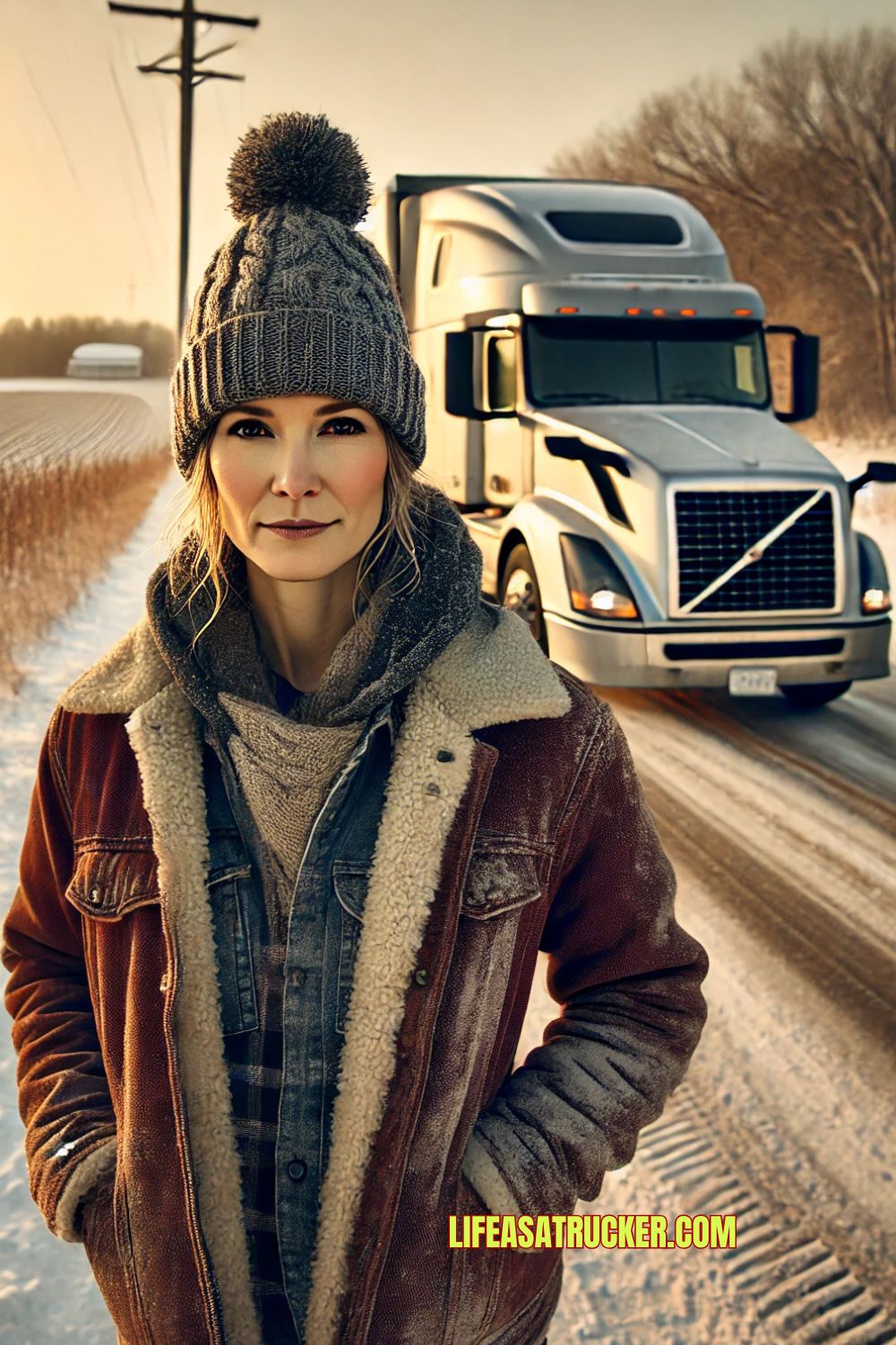 Portrait of a female Wisconsin trucker in winter gear, standing strong in front of her rig—symbolizing resilience, pride, and the fierce spirit of women in trucking.”