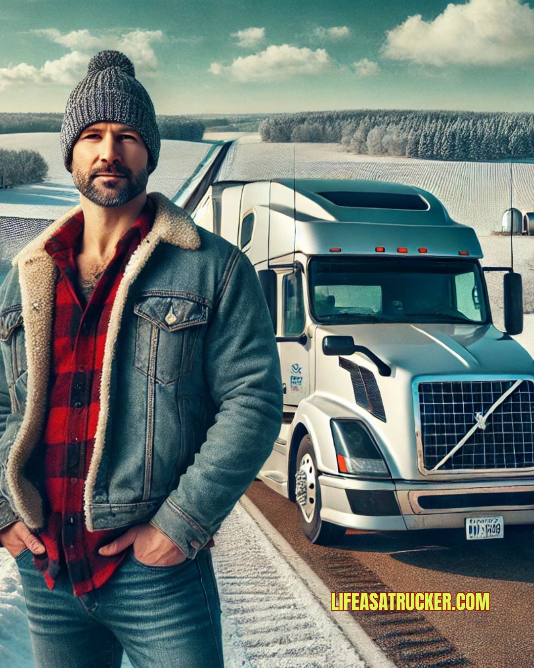 Wisconsin trucker standing proudly beside a semi-truck on a snowy backroad—capturing Midwest grit, frozen mornings, and rural pride