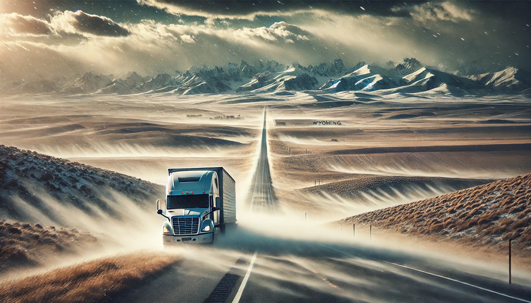 Semi-truck rolling through southern Wyoming on I-80, with snow blowing across the highway and mountains in the background—capturing the wild, unforgiving beauty of trucking in the high plains.”