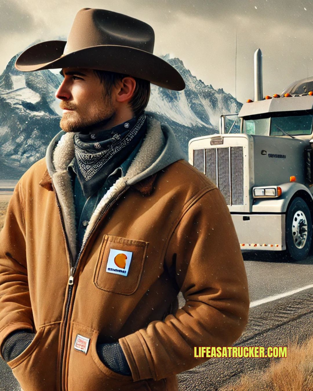 Wyoming trucker standing beside a semi on a wind-swept open plain with snowy mountains in the distance—embodying the rugged independence of frontier hauling