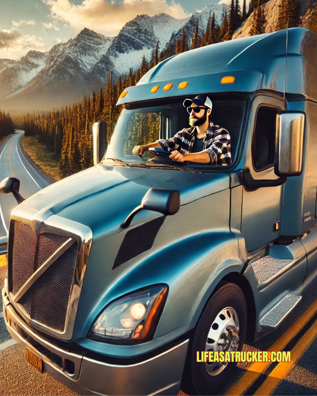 An Idaho trucker conquering the open road—18 wheels, endless highways, and a golden mountain sunset ahead