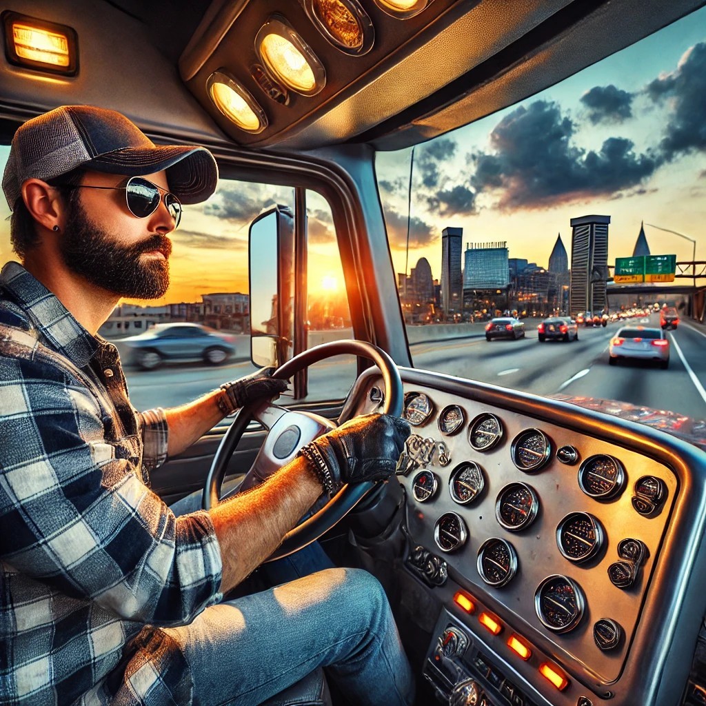Navigating the busy highways of Maryland, this determined trucker keeps the freight moving with skill and focus.