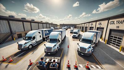 CDL training in action: Students practice maneuvers at a well-equipped truck driving school.