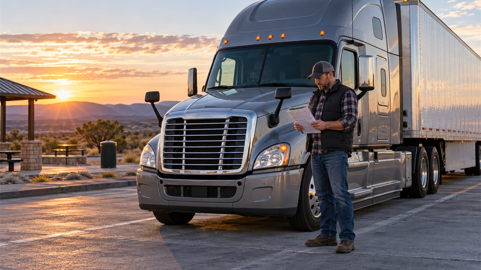 AI-generated illustration of a U.S. truck driver reviewing a trip plan beside a parked tractor trailer.