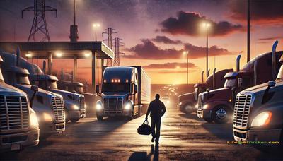 A lone driver walks past idling rigs in rural Texas, wondering if there’s more beyond the road.