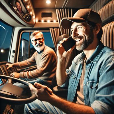 A truck driver enjoying a video call with family from his cab—staying connected even on the road!