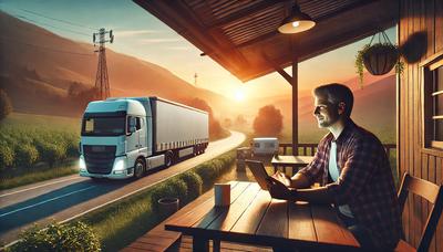 A trucker relaxing at a scenic rest stop, using a tablet to connect with loved ones during sunset