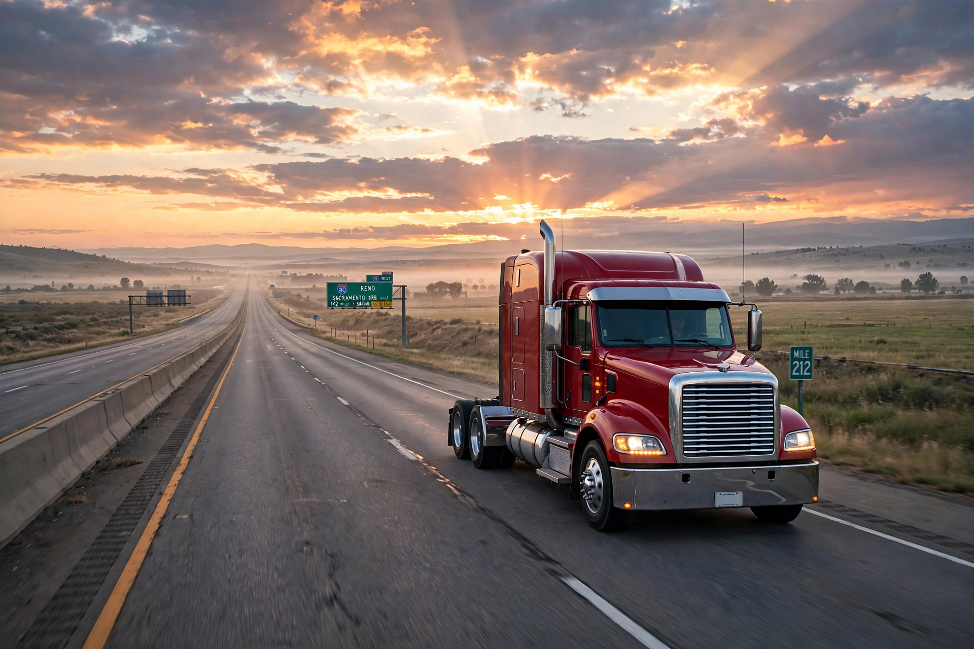 Semi truck driving on an American interstate highway at sunrise