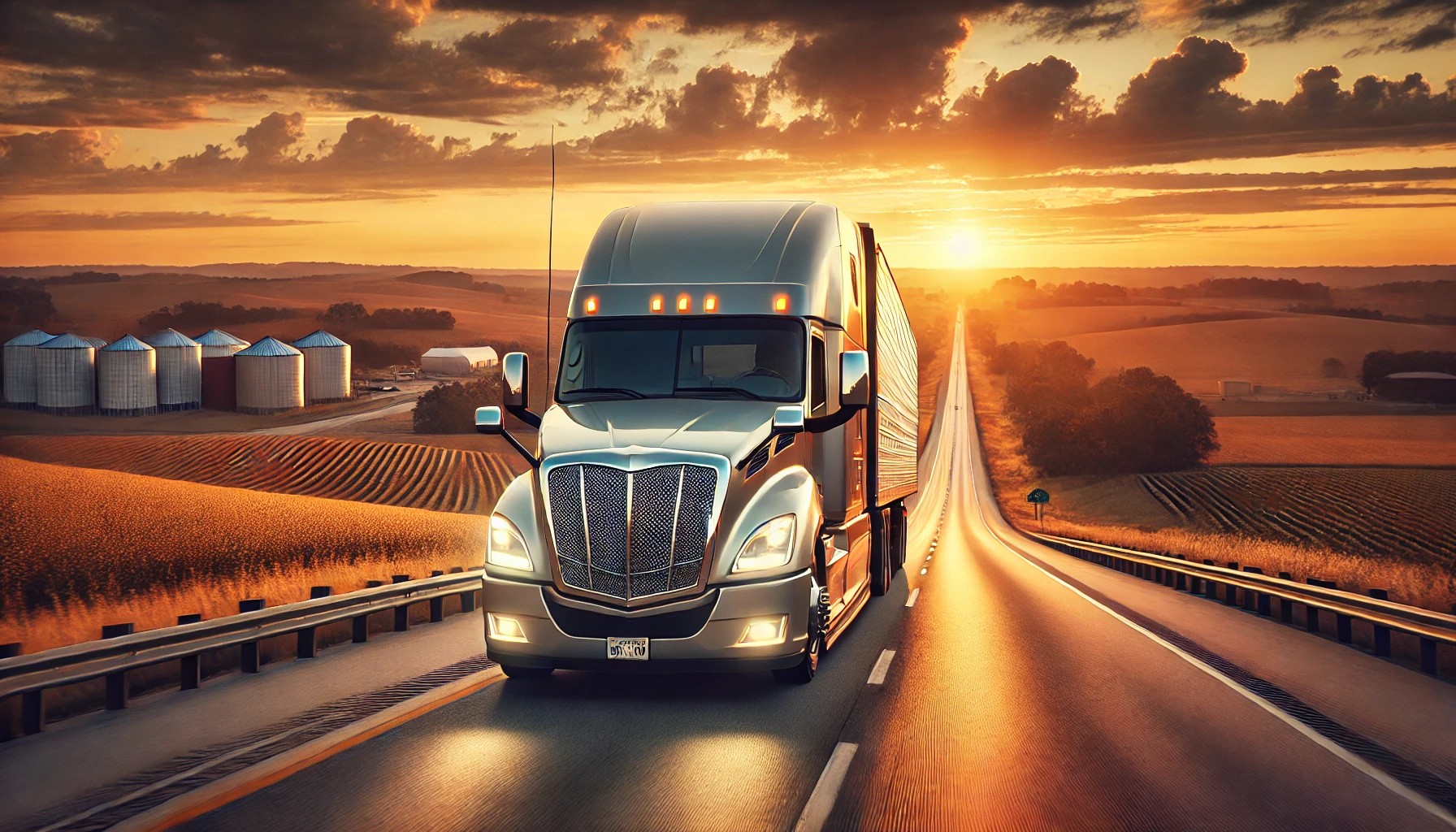 A powerful semi-truck rolls through Missouri’s scenic highways, connecting industries across the Midwest.