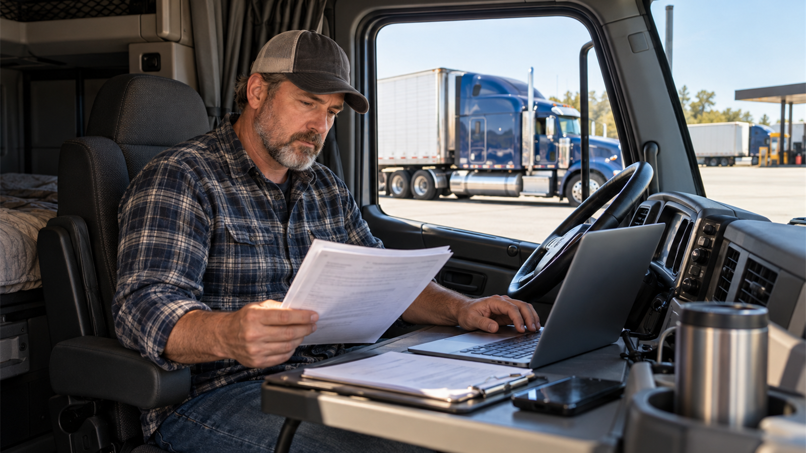 AI-generated editorial illustration of an owner-operator reviewing freight paperwork and a laptop inside a tidy truck cab.