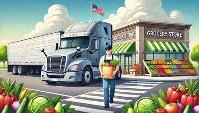 A Freightliner truck parked near a grocery store, with a trucker carrying fresh groceries for a healthier road trip.