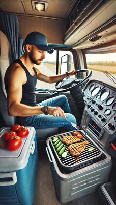 A trucker  preparing a nutritious meal with a portable stove—grilled chicken and veggies on the menu