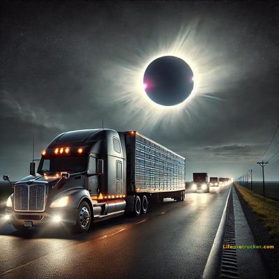 A rare view of a semi parked under the eclipse’s shadow — because even the road takes a break when the sky goes dark
