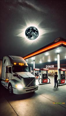 Total solar eclipse over the truck stop — because sometimes, even truckers pause for the universe.