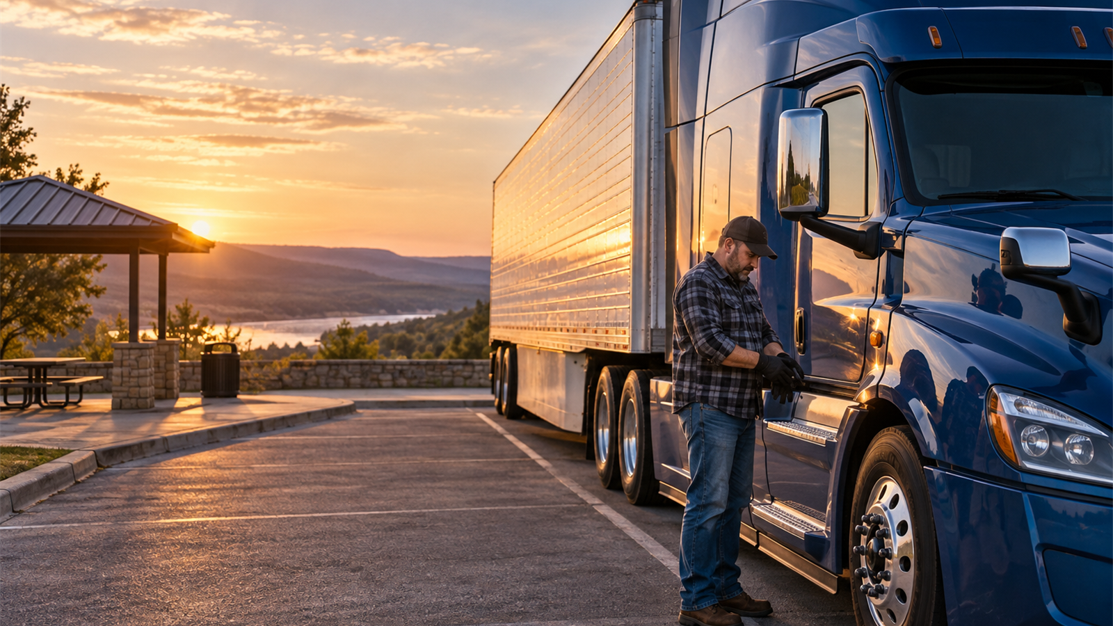 AI-generated editorial illustration of a parked tractor trailer at a quiet rest area at dawn, with a driver preparing for a safe start.