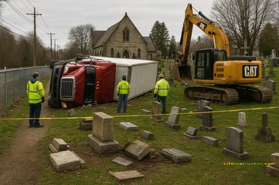 Cleanup crews work under somber skies after a semi-truck crash disrupts Stone Church Cemetery, scattering tombstones and shaking the local community.