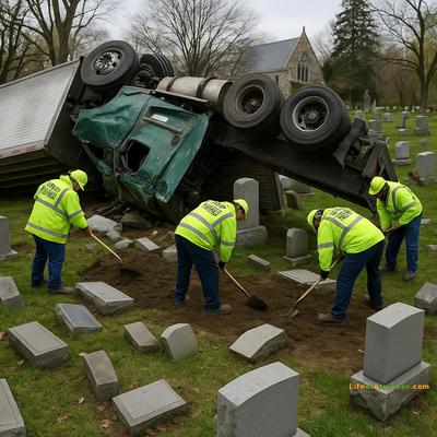 City workers begin the delicate process of cleaning up after a commercial truck crash damages dozens of grave markers at Stone Church Cemetery.